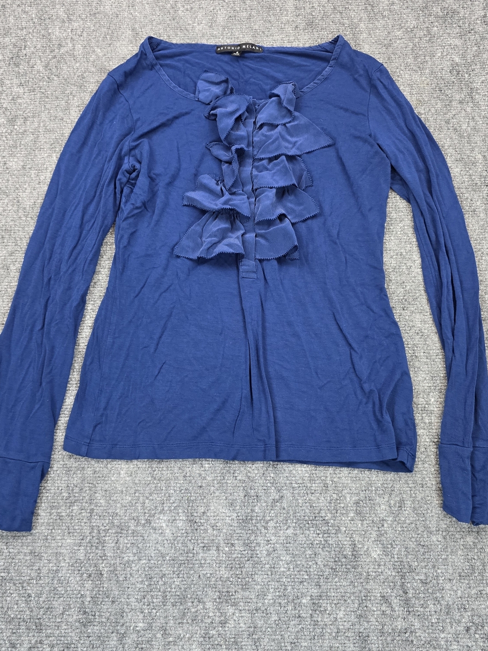 Antonio Melani Blue Ruffle Front Top Womens S Long Sleeve Layered Blouse
